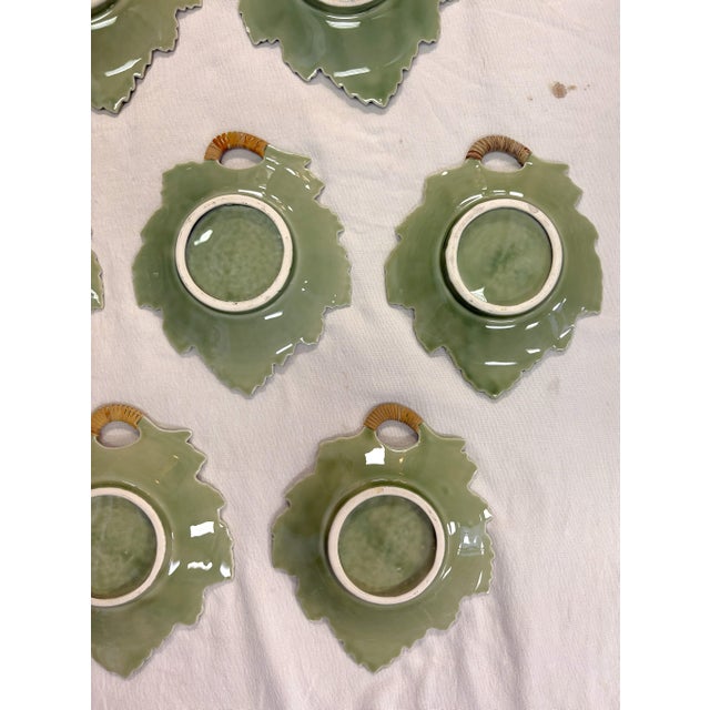 Vintage Majolica Ceramic Leaf Plates With Cane Wrapped Handles- Set of 10 For Sale - Image 14 of 18