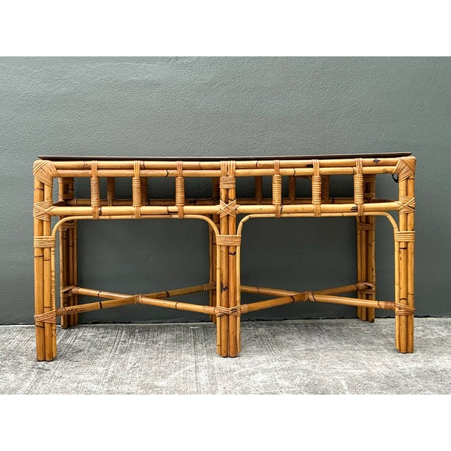 Camel Vintage Boho Bamboo and Burlwood Console Table For Sale - Image 8 of 12