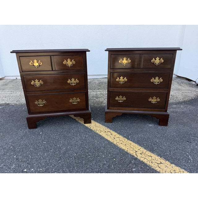 Pair of Chippendale Style Dark Stained Mahogany 3 Drawer Nightstands by Stickley Solid wood frame ( possibly pine wood)...