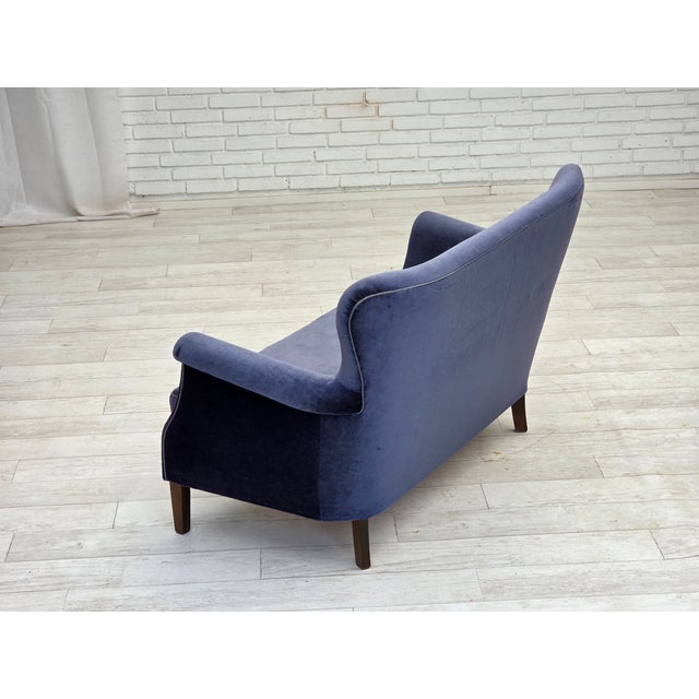 1950s Vintage Danish Two-Seater Sofa in Blue Velour and Beech, 1950s For Sale - Image 5 of 18
