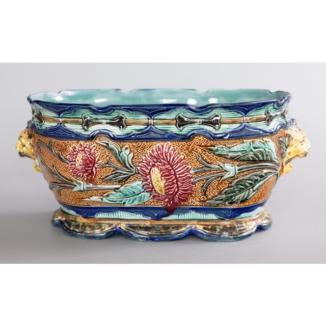 Late 19th Century Antique Wasmuel Majolica Barbotine Sunflower Jardiniere Cachepot, Circa 1880 For Sale - Image 5 of 15