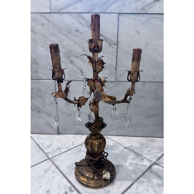 Mid 20th Century Italian Style Gilt Wood and Tole Three Light Candelabra For Sale - Image 10 of 10