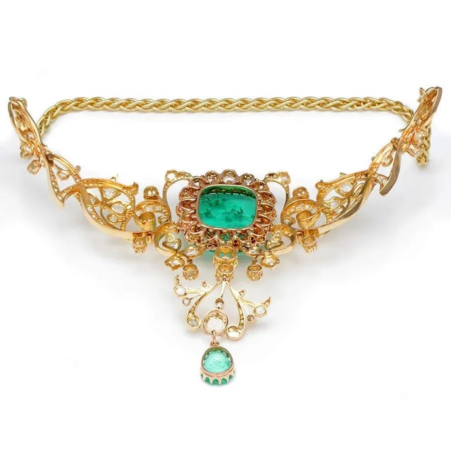 Late 19th Century Gia Certified Belle Époque 14k & 22k Gold Necklace With 45.8ct Colombian Emeralds & 15.9ct Diamonds, Circa 1900 For Sale - Image 5 of 16