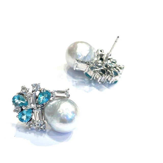 Not Yet Made - Made To Order Bochic “Orient” Pearls, Topaz & Blue Appetite Earrings Set 18K Gold & Silver For Sale - Image 5 of 6