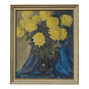Yellow Mums With Blue Drape - Mid Century Floral Still Life by Antoni