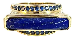Mid 20th Century Konstantino 18k Yellow Gold Lapis Lazuli & Sapphire Vintage Floral Band Ring, Size 7
