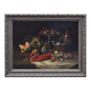 Large 19th Century Oil on Canvas Still Life Painting With Lobster, Oysters, Champagne, and Fruit