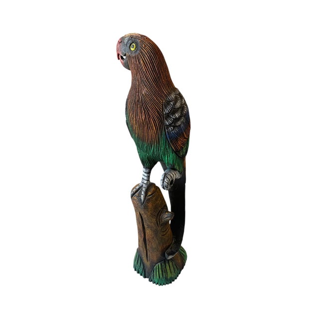 Vintage Carved Wood Perched Parrot Bird Statue Sculpture Figurine 16.5" For Sale - Image 4 of 6