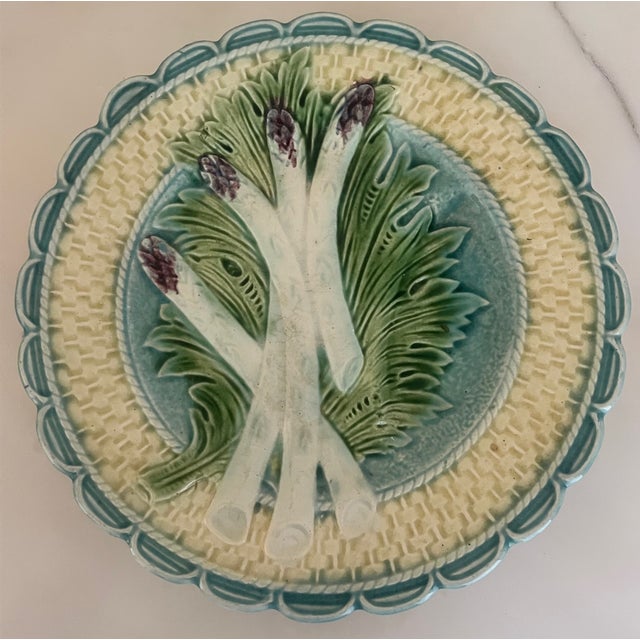 Robin's Egg Blue Antique Majolica Asparagus Plate With Sauce Well by Salins For Sale - Image 8 of 11
