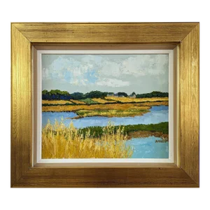 Mid-Century Modern "Golden Lake" Vintage Original Landscape Oil Painting, Framed