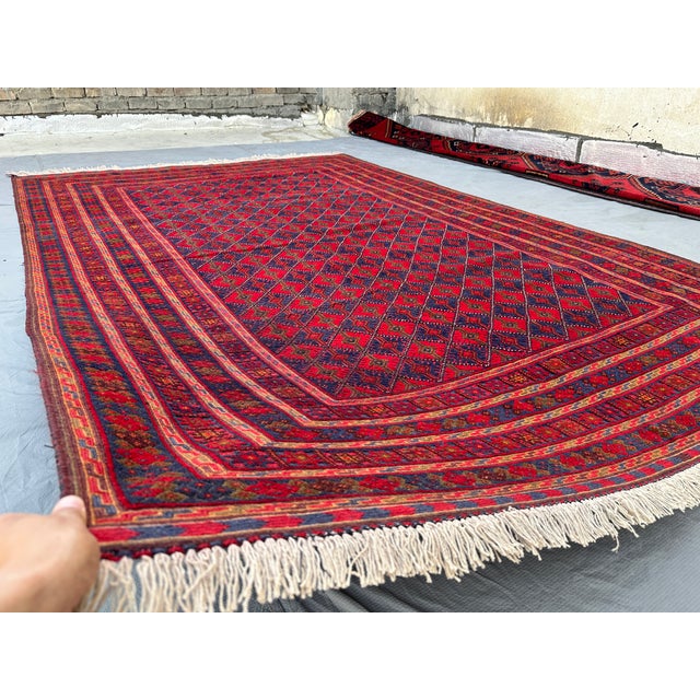 Good Quality Red and Navy Mushwani Andkhoy Hand-Woven Wool Rug - 6'8" X 10' For Sale - Image 4 of 12
