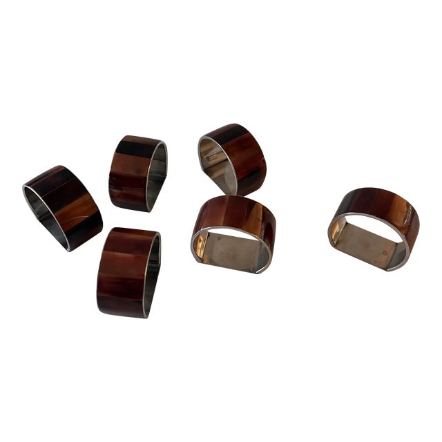 Vintage Brown Mother of Pearl and Chrome Silver Napkin Rings - Set of 6 For Sale