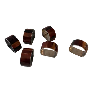 Vintage Brown Mother of Pearl and Chrome Silver Napkin Rings - Set of 6