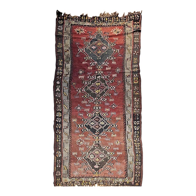 Vintage Turkish Tribal Kilim, Flat-Woven Medallion Pattern, Burgundy & Ivory, 5x11 For Sale