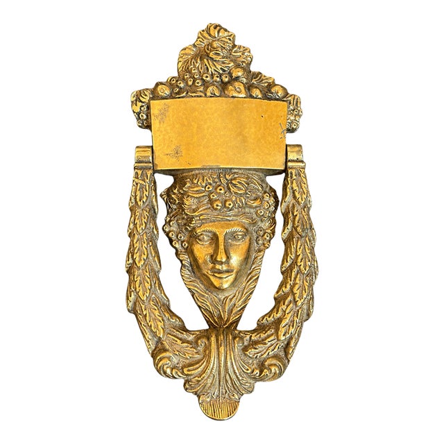 Antique Ornate Brass Door Knocker With Classical Figural Face For Sale