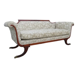 Duncan Phyfe 1940s Mahogany Hand Carved Tapestry Sofa Couch For Sale