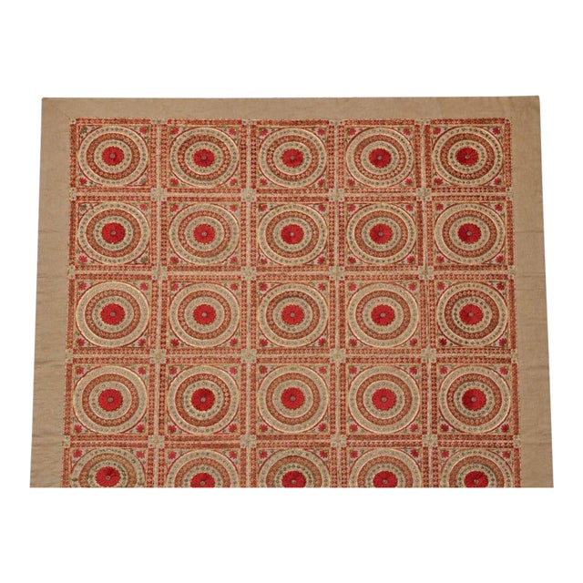 Vintage Indian Silk Mirror Work Embroidered Coverlet / Wall Hanging For Sale