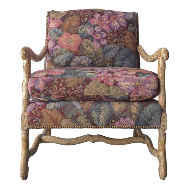 1980s Large Scale Rustic Mediterranean Style Tapestry Lounge Chair For Sale