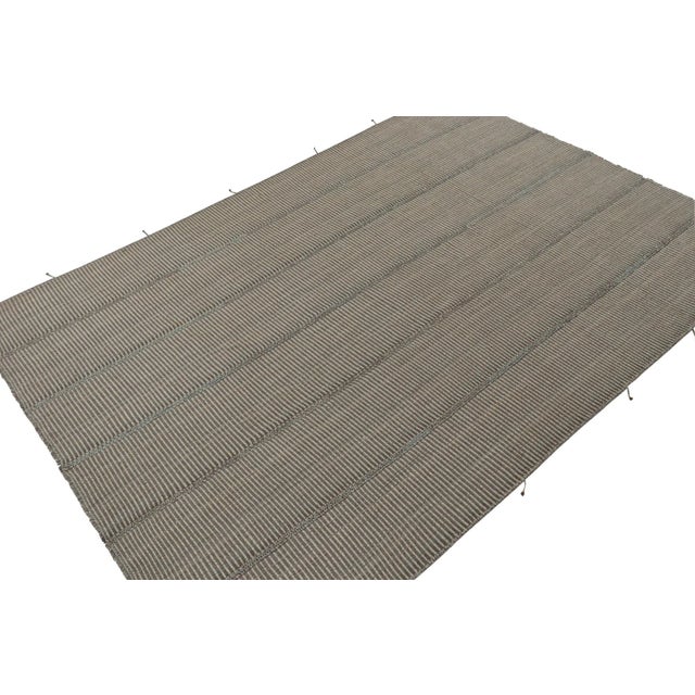 Modern 2010s Rug & Kilim’s Contemporary Kilim Rug in Gray and Blue Stripes With Brown Accents For Sale - Image 3 of 8