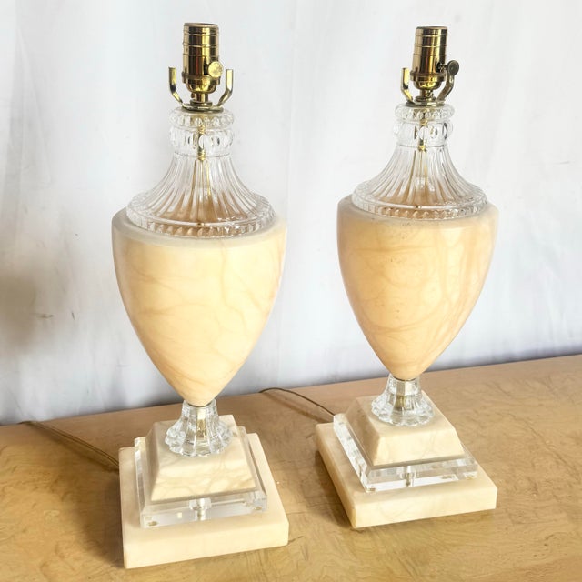 Spanish Vintage Spanish Alabaster Crystal and Lucite Table Lamps - A Pair For Sale - Image 3 of 9