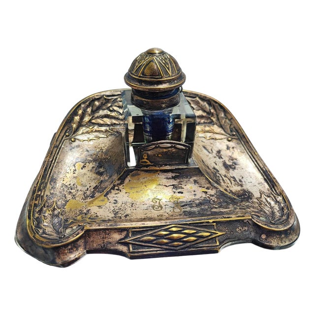 Art Nouveau Brass Silver-Plated Inkwell Set, Set of 3 For Sale