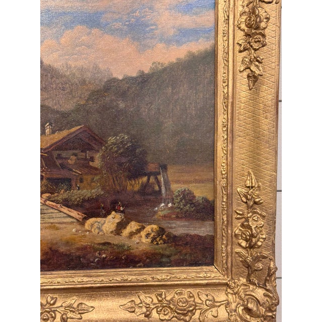Perched on a rock, a fisherman casts his line into the river in this idyllic pastoral scene. A bridge spans the water,...