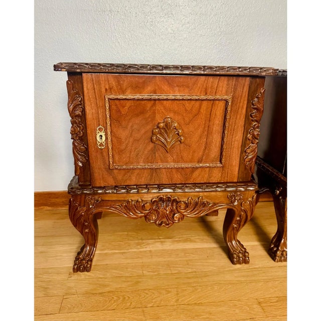 Mid 20th Century Pair of Carved Wood French Style Nightstands End Tables Figured Veneer Cabinets For Sale - Image 4 of 12