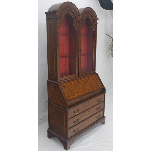 Double Bonnet Dome Top Burl Wood 3 Drawer Drop Front Secretary Desk 1900s Clean! For Sale - Image 12 of 17