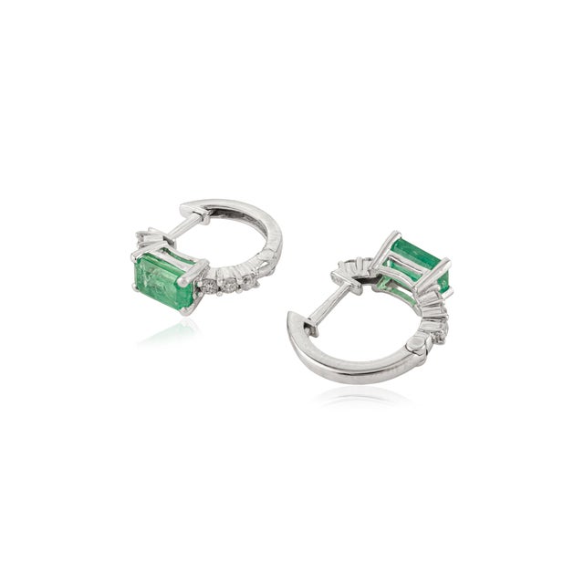 Metal 1.3Ct Natural Emerald-Cut Emerald & Diamond Hoop Earrings in 14k White Gold- A Pair For Sale - Image 7 of 13