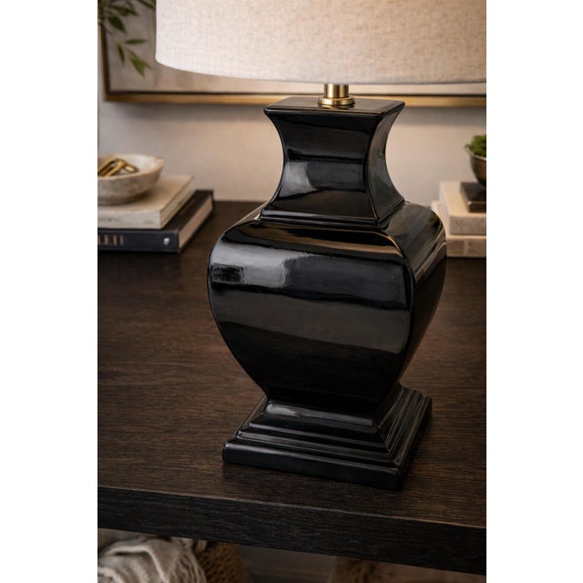 Mid-Century Modern Vintage Sculptural Gloss Black Ceramic Urn Table Lamp With 14” Linen Drum Shade – 23” Tall For Sale - Image 3 of 7