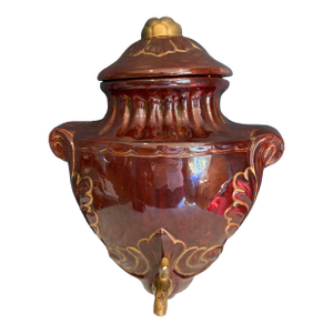 Vintage Brown Lusterware Ceramic Wall Urn With Removable Lid and Gold Trim