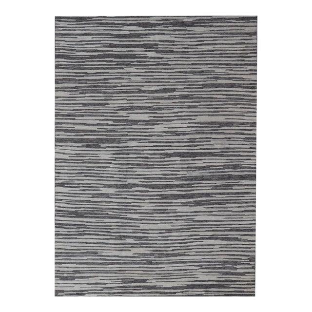 Cream and Charcoal Wood Grain Designed Indian Rug Hand-Knotted With Wool For Sale
