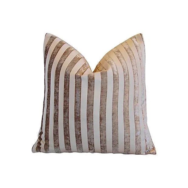 Contemporary Custom Tailored French Velvet Striped Feather/Down Pillow 24" Square For Sale - Image 3 of 3