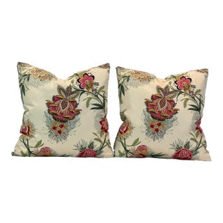 Brochier Italian Fabric - Enrico Perroni Collection - Dessin Borely 20” Feather/Down Pillows - A Pair For Sale