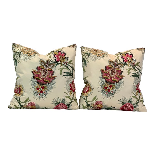 Brochier Italian Fabric - Enrico Perroni Collection - Dessin Borely 20” Feather/Down Pillows - A Pair For Sale