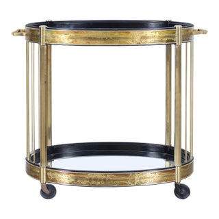1970s Vintage Acid Etched Brass and Glass Bar Cart by Bernhard Rohne for Mastercraft For Sale