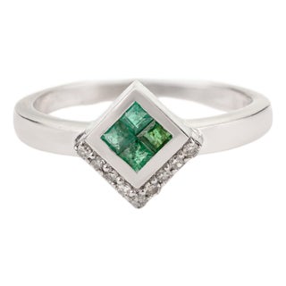 Classic 925 Silver Square-Cut Natural Emerald & Diamond Ring Wedding Gift - Size 7 For Sale