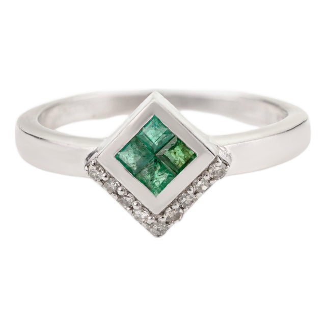 Classic 925 Silver Square-Cut Natural Emerald & Diamond Ring Wedding Gift - Size 7 For Sale