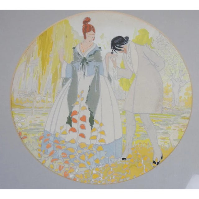 Vintage early 20th century gouache pochoir on paper of courting couple in 18th century dress. Unsigned. Displayed under...