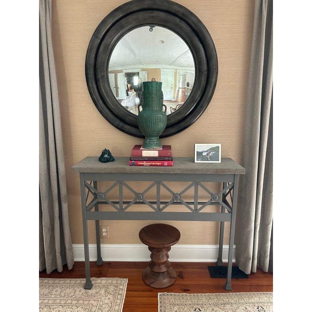 Modern Grey Console Table With Geometric Latticework and Marble Top For Sale - Image 3 of 11