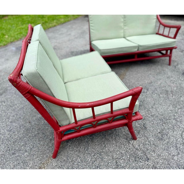 Burgundy 1950’s Ficks Reed / McGuire Style 2-Piece Sectional Sofa in Red For Sale - Image 8 of 12