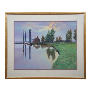 1995 Vintage Realist Landscape Pastel Painting Sailboats Farm by Fleming