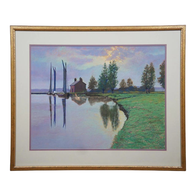 1995 Vintage Watercolor Realist Landscape Painting Sailboats Farm by Fleming For Sale