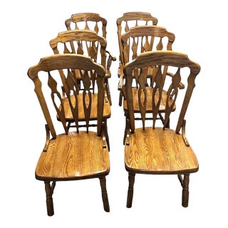 Set of 6 Vintage Solid Oak Tavern Chairs For Sale