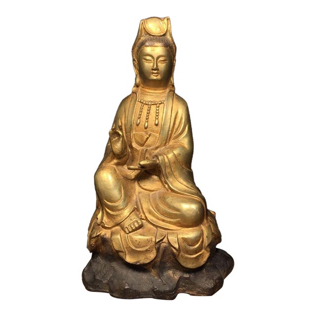 Vintage Gilt Bronze Guanyin Statue in Royal Ease Pose - Asian Buddhist Sculpture For Sale
