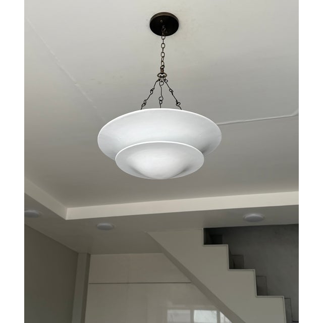 Matte White Layered Pendant Light | 4-Light Steel Shade Chandelier With Black Antique Brass Chain For Sale - Image 17 of 18