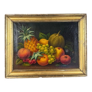 Primitive Antique Country Gilt Framed Still Life Oil Painting Canvas W Pineapple For Sale