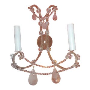 Vintage Grand Scale & Luxe Louis XVI Manor Style Pink Quartz With All Rock Crystal Wall Sconces by Dennis & Leen a - Pair