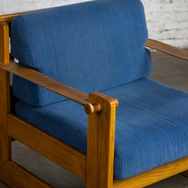 Mid to Late 20th Century Scandinavian Modern Oak Safari Sling Club Armchair Tan Leather Arms & Blue Corduroy For Sale - Image 13 of 18
