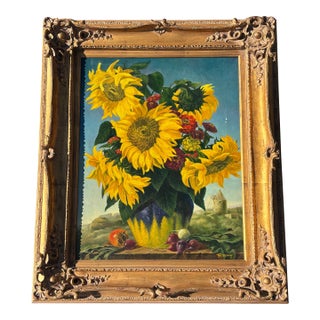 Sun Flowers - 20th C. Original Oil on Canvas in Exceptional Gilt Frame For Sale